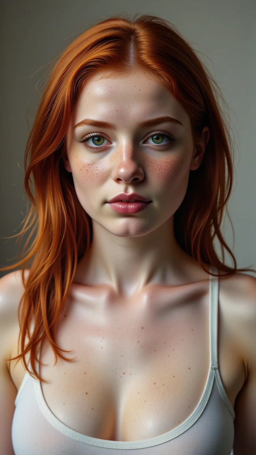 giant woman with a red hair ponytail and a blue eyes huge chest, facing the viewer, Raw photo, real person, seductive dark fantasy, Photorealistic, Shiny skin, Detailed skin, porcelain smooth skin, pale skin, Masterpiece, photorealistic skin texture, soft freckles, realistic face moody lighting, light freckles, realistic skin shader, realistic maya, daz3d genesis iray shaders, photorealistic beautiful face, amazing photorealistic graphics