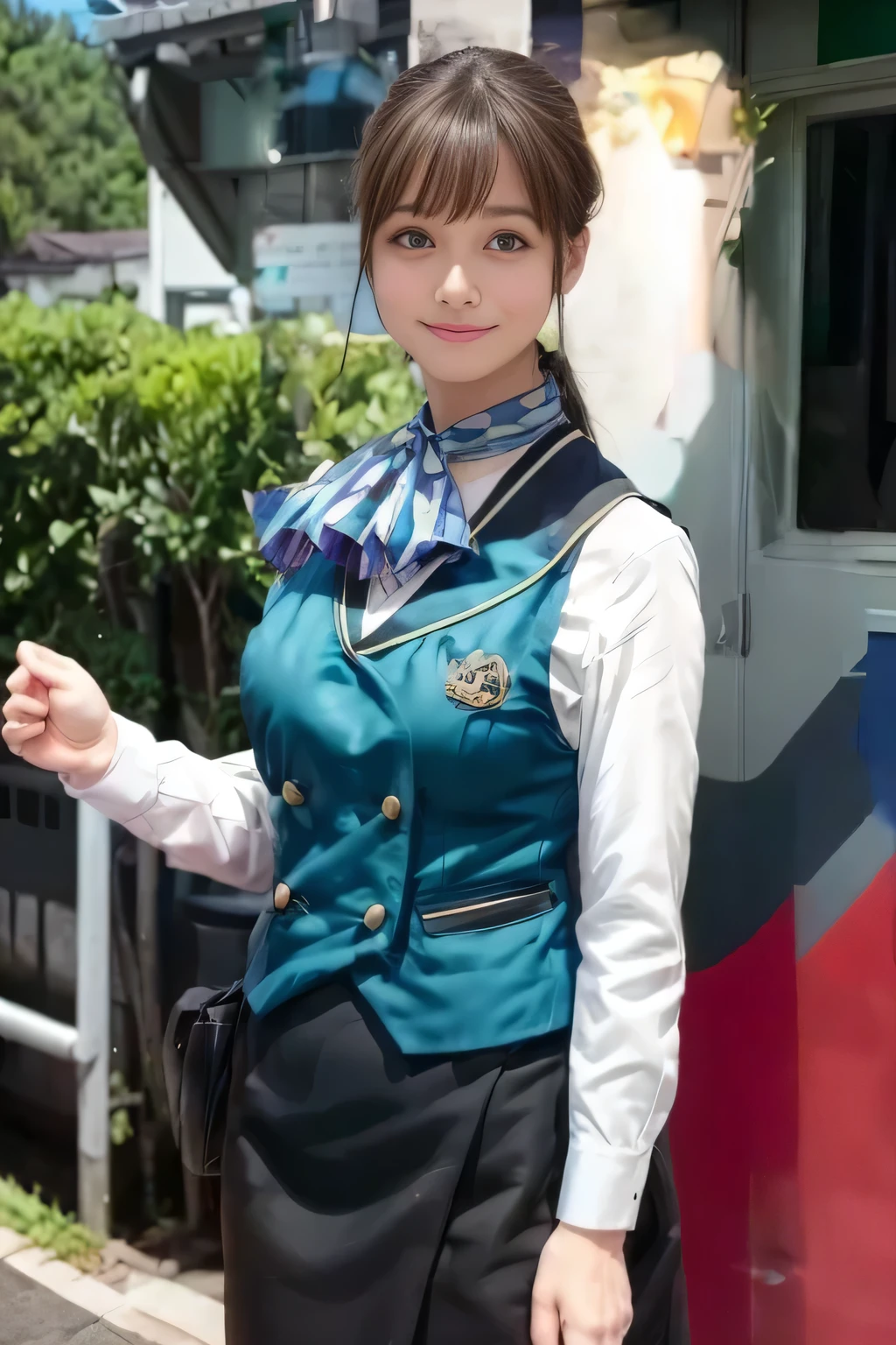 (masterpiece:1.2, Highest Quality :1.2), 32kHDR, Kampala, (alone、 1 girl on break day)、((10A woman in her late generation ))(what 、 professional light )、In-flight background、( realistic style wearing a Nankai Electric Railway crew uniform )、(( Nankai train crew uniform green vest ))、(( Nankai train crew uniform white long sleeve blouse without stand collar )) 、(( Nankai Electric Railway crew uniform knee-length black wrapped culotte skirt 、 I have a scarf wrapped around her neck ))、 Dark Brown Hair 、(( long hair、gathered hair、chignon ))、 Dark Brown Hair 、 long hit 、Big Breasts 、thin legs、(( amazing hand :2.0)),(( A harmonious body shape :1.5)),((Normal肢体:2.0)),((Normal :2.0)),(( watch :2.0)),((Normal目:2.0)))、smile、( Nankai train crew uniformを着た美しい女性 )、 Hands crossed
