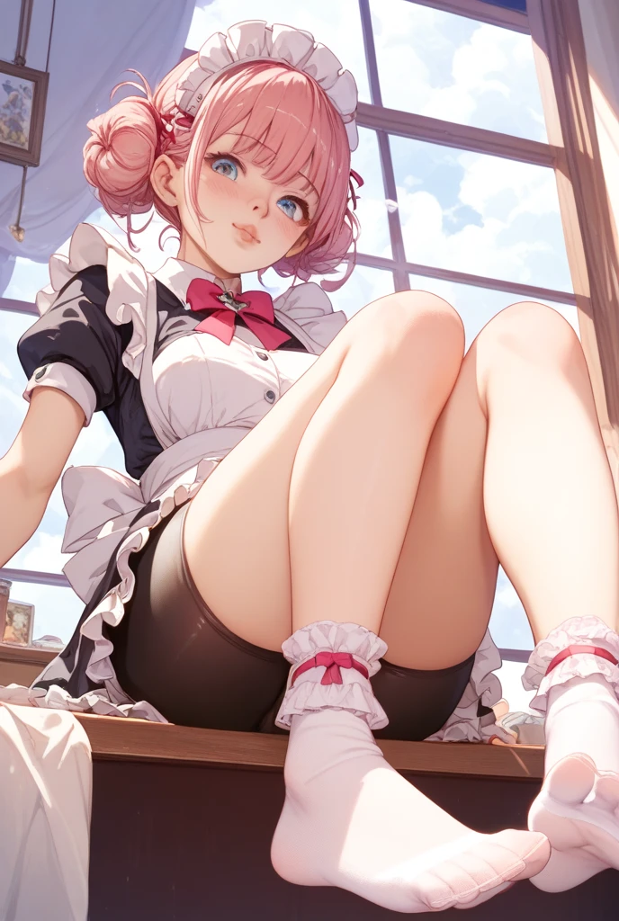 ((full body photo, feet on the ground, straight body)) {(Laura:woman, large breasts)}; {(black maid costume with white parts+white skirt+white sock with clips on the pants+little clothing+extremely tight on the body)}; {(she's inside a hotel room with window, tonight, the window is open, she's in front of the window, catching a wind in her body, maid's costume extremely wet)}, Her body and hair {are extremely sweaty}; she {((is extremely exhibitionist, has very short straight pink hair, eyes:blue, is smiling, looking at the viewer)}; Anime style, masterpiece,, High detail, anime, 16k, UHD, retina, retina, ccurate, anatomically correct, textured skin, super detail, high quality, award-winning