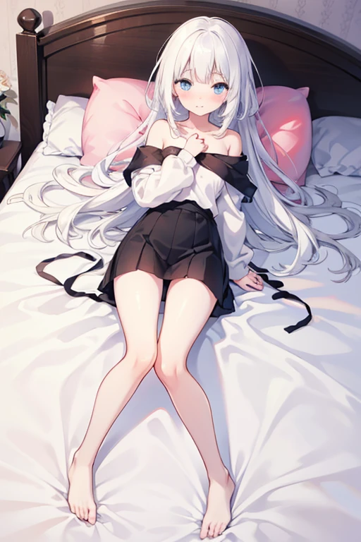 anime girl with maid dress, lying in bed with legs open, eyes closed and mouth open while the anima girl's hand is on her vagina