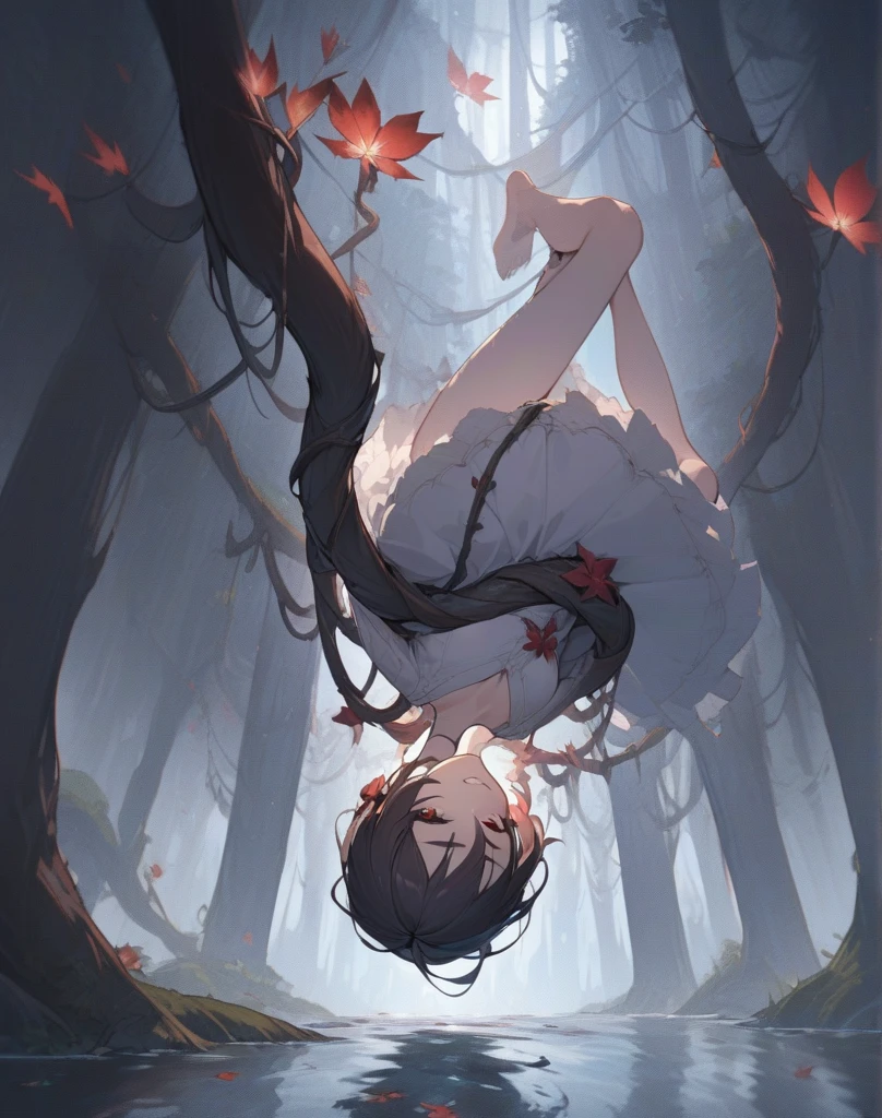 Sexy young girl lying on the ground,Hands are put together,Bind your hands with a red cord,There are red ropes tied on the legs, thighs and calves, and ankles