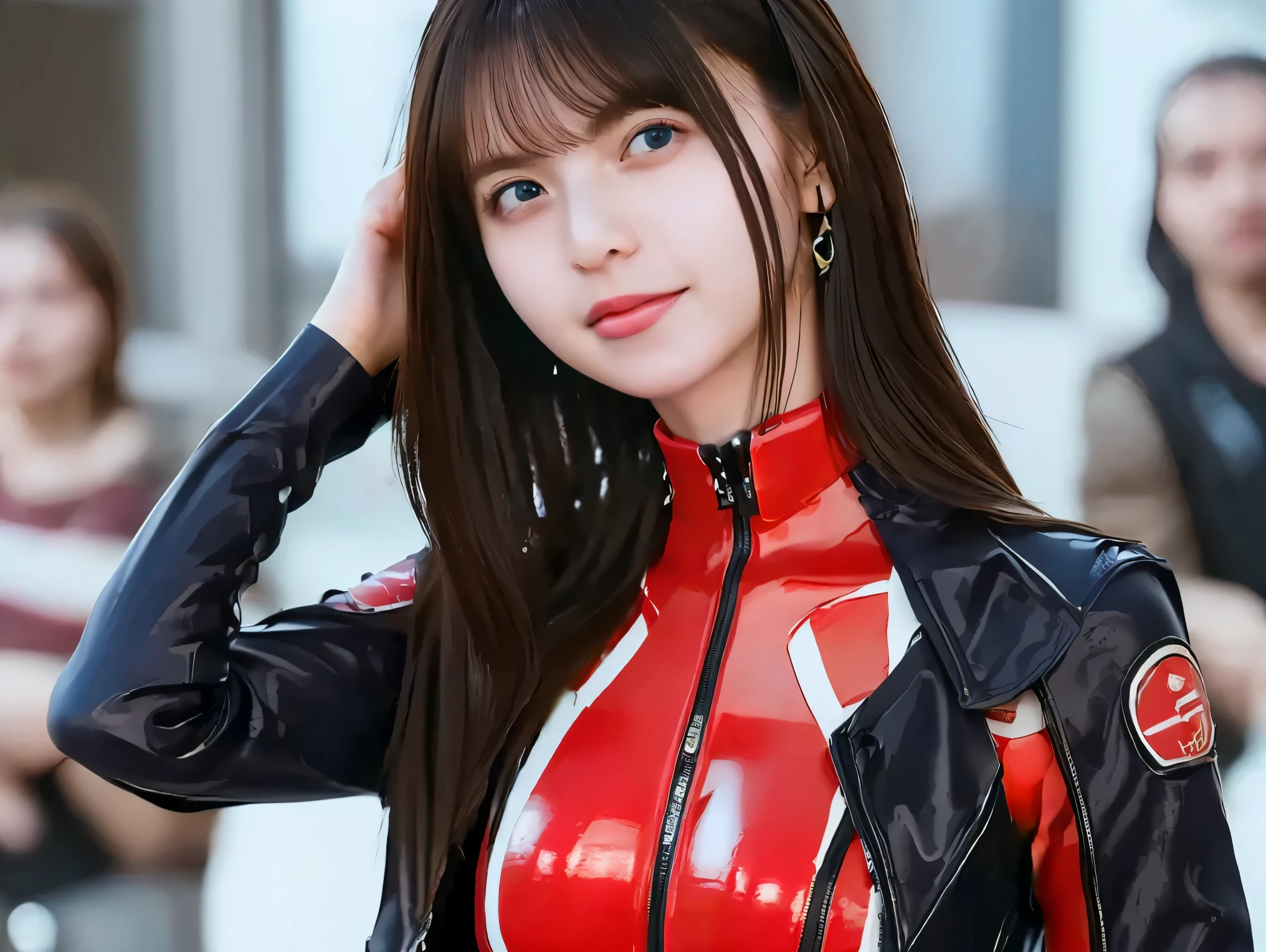 big breasts, Beautiful face, Red Latex, Perfect body, long hair.