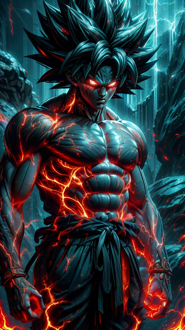 son Goku, Long white hair, topless with a large burn scar in the middle of his chest, wearing a large bronze bracelet, dark pants, bruise on body, ear wear