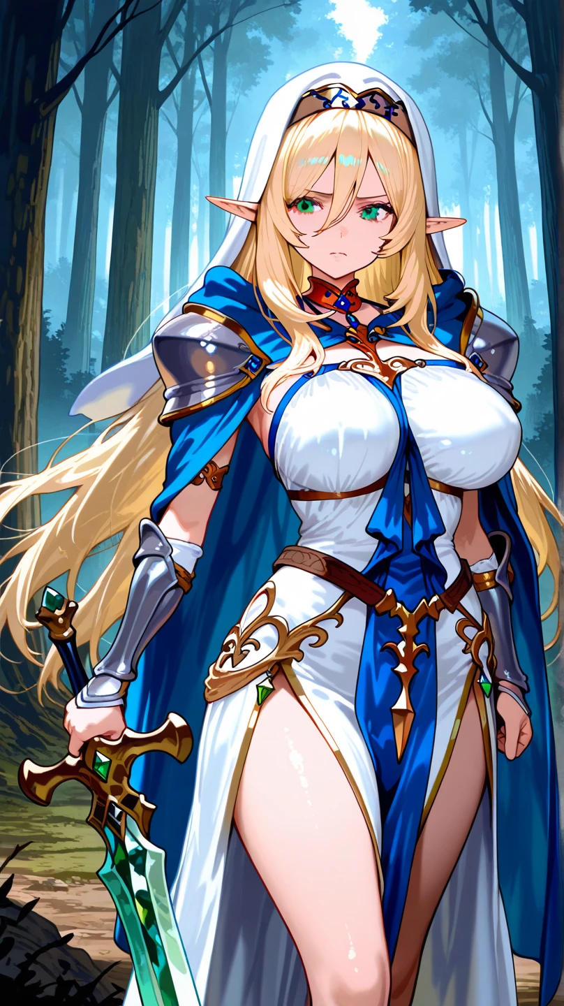 (masterpiece), (highest quality), ((Super detailed))、(super delicate)、Cute naughty knight armor girl、Pastel colors hair、(large breasts:1.2, Thighs:1.2, thick legs:1.2, curvy:1.2)、Gorgeous、blonde hair, hair down, bangs between eyes, long hair, blue eyes,(naked:1.3), standard height, (blush:1.2, expressionless), holding sword, garter ring