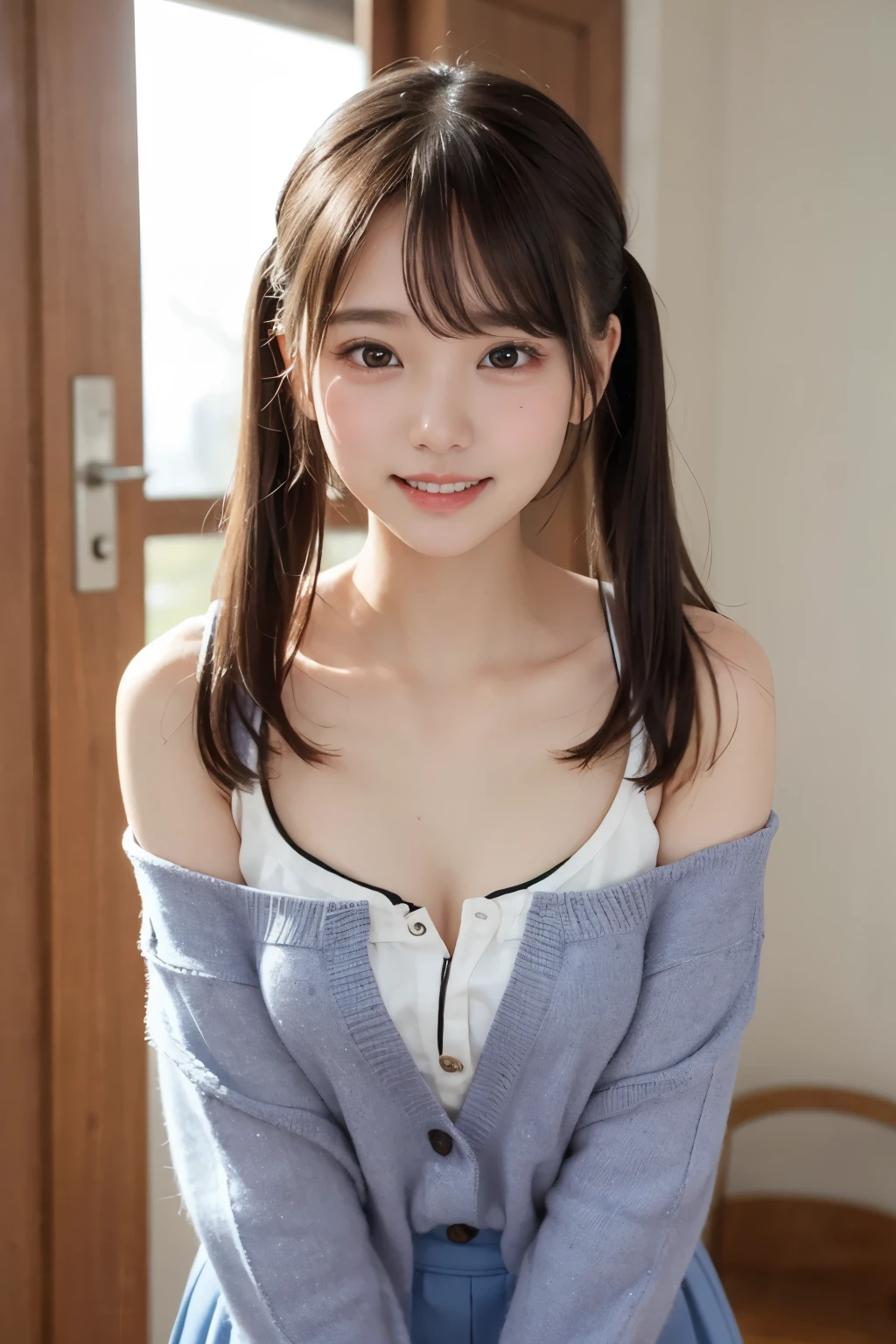 (highest quality,masterpiece:1.3,Ultra-high resolution),(Very detailed、Caustics) (Realistic:1.4, RAW shooting、)Ultra-Realistic Capture、Very detailed、Natural skin texture、masterpiece、(The upper body is a navy blue knit sweater、A Japanese woman wearing pink panties on the lower half of her body:1.3)、Adorable expression、Expressions of happiness、14 years old、Height: 160cm、Young Face、Amazingly cute、Twin tail hairstyle、Straight hair、Scrunchie、Black Hair、light makeup、H cup big breasts、Shining thighs、Shining ass、Background in detail、smile、An inviting gaze、Anatomically correct、Cowboy Shot、Attention to detail、I see pink panties、