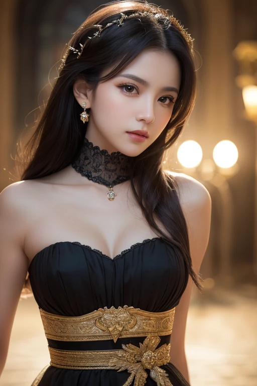 (A desert:1 girl with black hair,Western Region Dancer,Dance), tmasterpiece, best qualtiy, RAW photogr, realisticlying, the face, Incredibly Ridiculous res,, ear studs, (flowing long black hair),eye shadows,Bracelet,head chain,Collar,foot ring,Western-style bikini clothing,nipple tassels,Tulle skirt,The barefoot,depth of fields, A high resolution, ultra - detailed, filigree, RAWE is very detailed, very detailed eyes and faces, Sharp pupils, realistic pupil, tack sharp focus, cinmatic lighting,full bodyesbian,Bigboobs,long leges,From the front side,banquet,dynamicposes,Normal posture,closeup of face