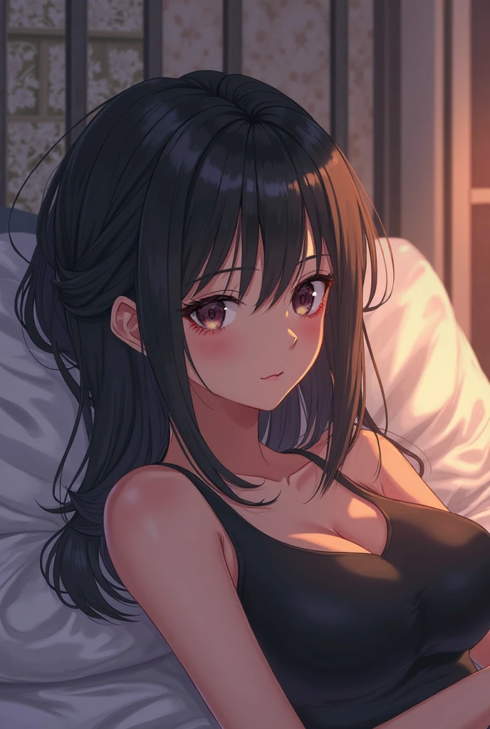 (best quality, Masterpiece), 1 girl, The sun shines, In the building, black hair, Beautiful long hair, braid, pink eyes, cute, Bright face, Good mood, beautiful breasts, Beautiful date dress, shy, 1 woman, young girl, (Goosebumps:0.7), Beautiful face, (shyไลเนอร์, lipstick:0.9), ass pov, nighttime, (lying on bed:1.5), (missionary:1.2), bed, (naked:0.7), 4K, 8K, UHD, HDR, detailed background, พื้นหลังbedนอน