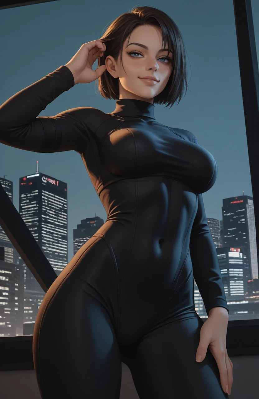(best quality,4k,8k,highres,masterpiece:1.2),ultra-detailed,(realistic,photorealistic,photo-realistic:1.37,very close to viewer ,view from above,hands on own chest),(black hair, straight hair, short hair),oily skin, huge breasts(black jumpsuit, high heels),slender body,tattoos,sweaty,illustration,stark lighting,vivid colors,seductive face, open mouth, steamy, gym, standing in the doorway, black fingernailssoft lighting, lifelike texture, photorealistic, HDR, 8k, absurdres, cinestill 800, sharp focus