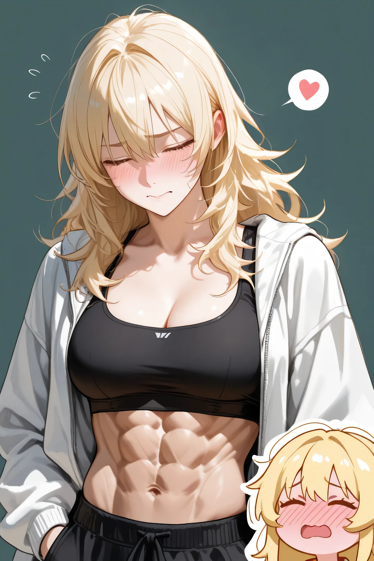 masterpiece, best quality, ultra detailed, ultra high resolution, very detailed face, solo, ((anime), 20 years old girl, (((sports bra, pantie))), ((golden short hair)), (((medium breast))), (six pack abs:1.2), (((put hands around the navel))), ((little smile)), (((lying on the bed))), indoor