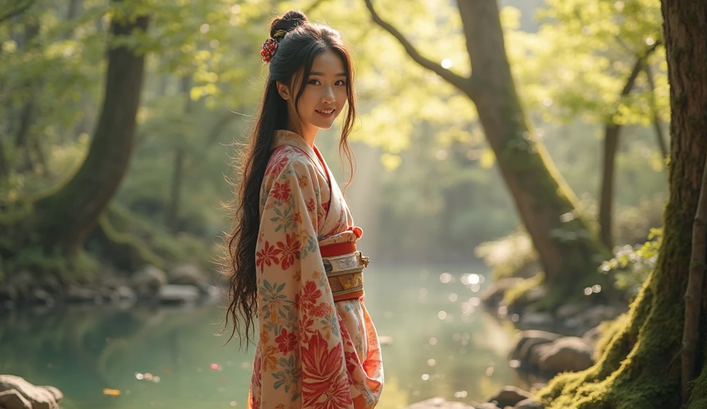 A real, slender, 18-year-old Oriental Japanese girl standing near a hot spring inside a spring forest. She is wearing a thick lambswool traditional Wafuku (kimono), smiling warmly with a humanity smile. She has delicate facial features, black eyes, soft nose, slim fingers, visible slender legs, thin waist, small chest, gentle hips. Her lush, beyond-floor-length black hair flows slightly in a soft breeze.
Her entire slim body must be fully visible: face, hair, hands, chest, waist, hips, legs, feet, shoes, with natural body curve and streamlined posture.
The background is a vibrant spring forest with soft sunlight filtering through fresh leaves, ambient warm light, slightly misty and dreamlike atmosphere.
Extremely detailed hair strands, soft lambswool texture with visible fibers, delicate face shading, natural skin texture.
Focus on the girl, background slightly blurred. The entire scene should convey warmth, purity, gentleness, and a pure soul energy.