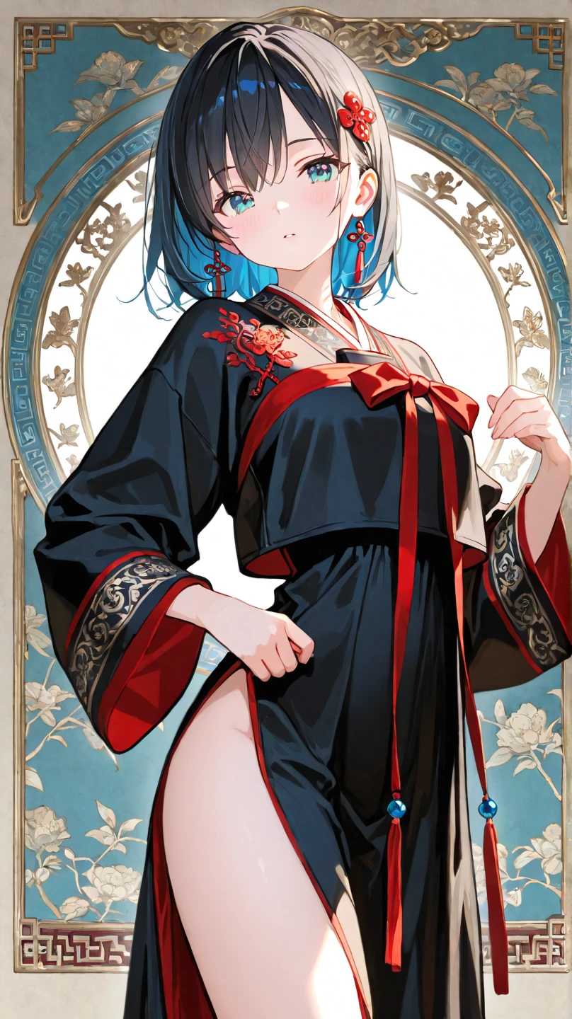Woman in Chinese clothes with bare breasts