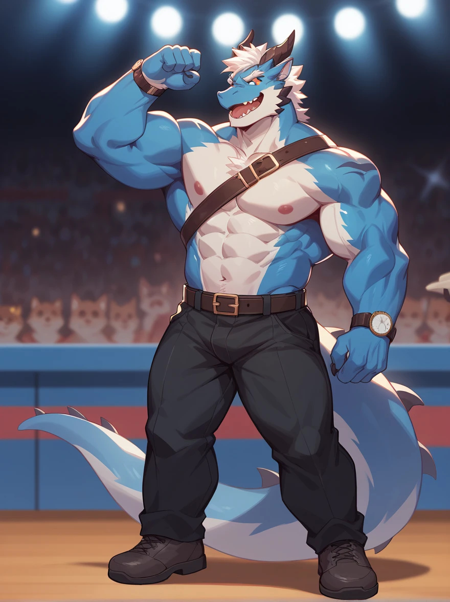 (Pokémon) A Lucario in the bodybuilding competition, en el escenario con otros culturistas de Lucario a su lado, wearing a small thong (metallic color: tanga azul) masivo, Huge, muscular bodybuilder with extraordinary biceps, pectorales, triceps, trampas, cintura estrecha, gigachad, 300 libras.