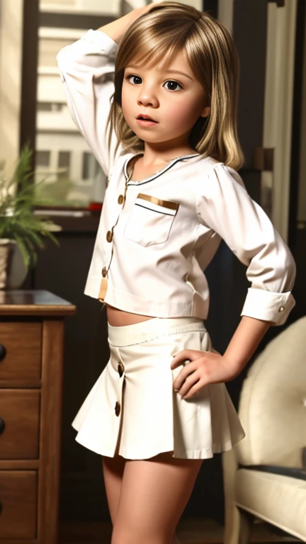 A girl in a polo shirt wearing white boys' briefs with a front pocket and a yellow stain