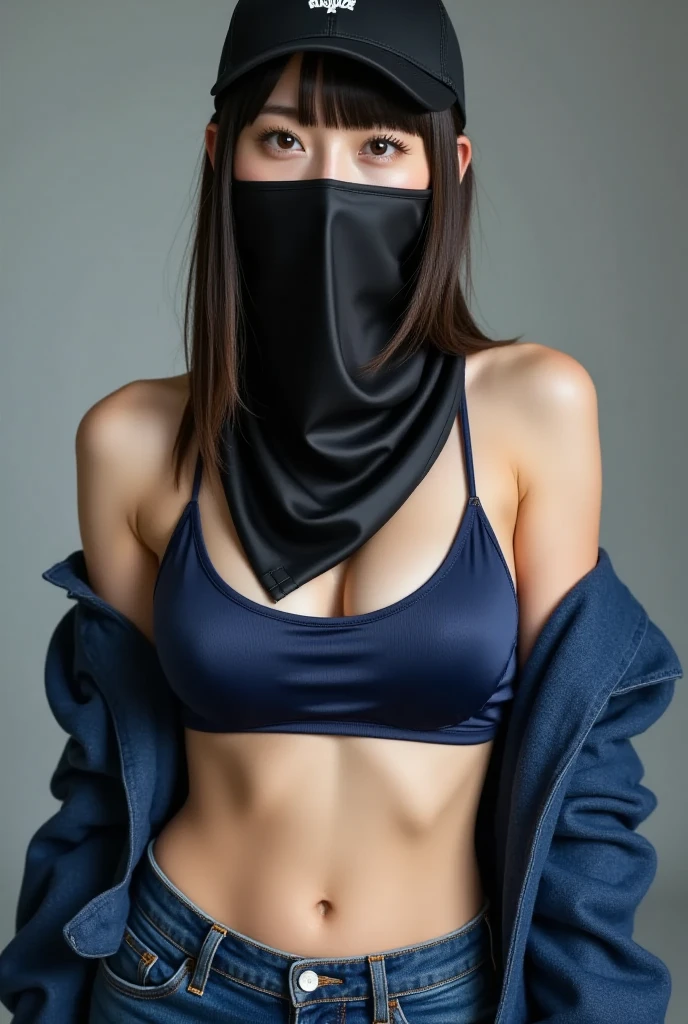 beautiful, Sensual and erotic woman with a curvaceous body, Wearing a bra top and jeans, Blindfold, Handcuffed over the head, Hanging from the ceiling with both hands