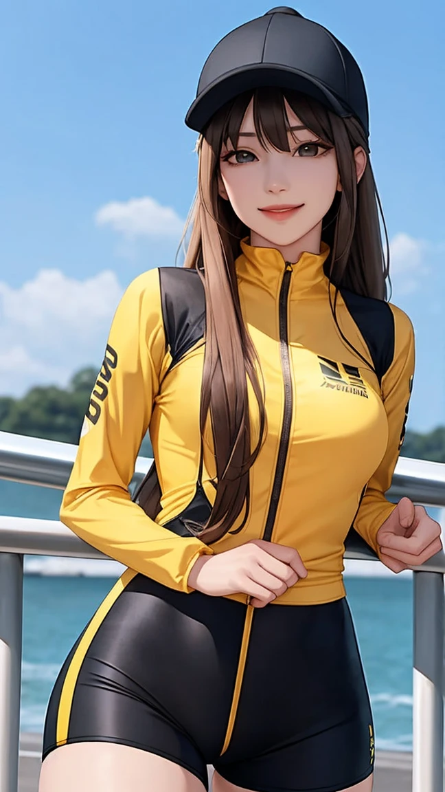 masterpiece, ((best quality)), 4K, ultra-detailed, photorealistic, (1 girl), (upper body), (A fascinating eye for perfect detail:1.2), (provocative smile), (blue eyes), (very big breasts), (race queen costume), ((yellow cropped jacket)), ((yellow shorts)), ((black thigh boots)), ((standing on the beach))
