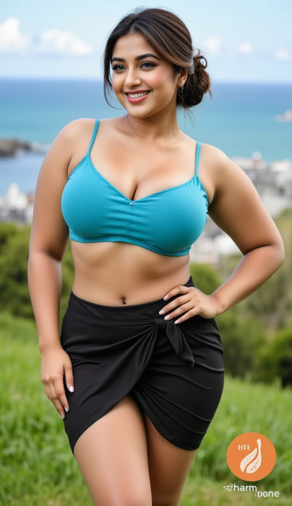 A photorealistic portrait of a 30-year-old Indian woman with big-sized breasts, wearing a blue crop top without pants, bottomless to show her realistic hairy pussy and sexy legs,She is posing in beach sexy adult poses ,captured in a full-body shot, real hairy pussy, hyper realistically hairy pussy. 8k resolution, with high detail and quality.