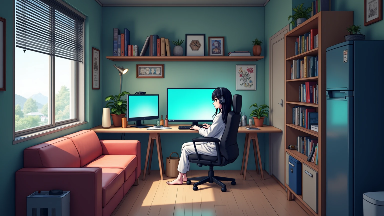 The ideal windowless otaku room to shut yourself in 365 days a year, Slightly spacious one-room apartment, No windows, Modern and comfortable shut-in space, High definition, Wide view, Photorealistic,
The room is divided into six zones (gaming space, reading sofa, drink and refrigerator corner, toilet door, bed space, storage and work shelf),
A room filled with distinctive furniture and functionality, Arranged so that the entire room can be seen, Advanced lighting design

A woman is present in a distinctive area, Long black hair, round face, clear white skin, Medium build, Large eyes, Natural makeup, Clothing: Loose-fitting loungewear,
She is sitting in a PC chair in the gaming area, playing with headphones on and a serious look on her face, Drinks and snacks are around, Other zones can be naturally seen behind,
Simple but cluttered with a sense of life, Clean room, Realistic texture and lighting production express the richness of shut-in life