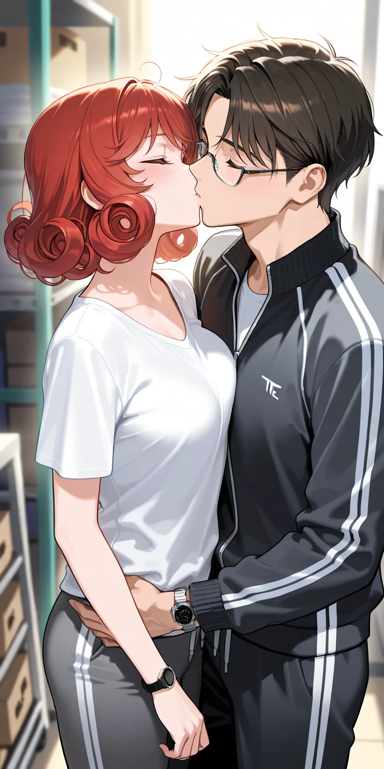 There is a 16-year-old girl with red hair and a white school shirt and a slim gray-haired, gray-eyed boy in a white shirt. She gets very close to him.