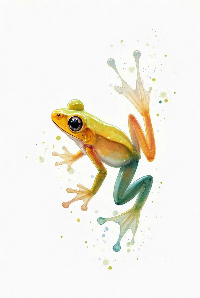 A lineless drawing of a golden poison frog using pastel watercolours