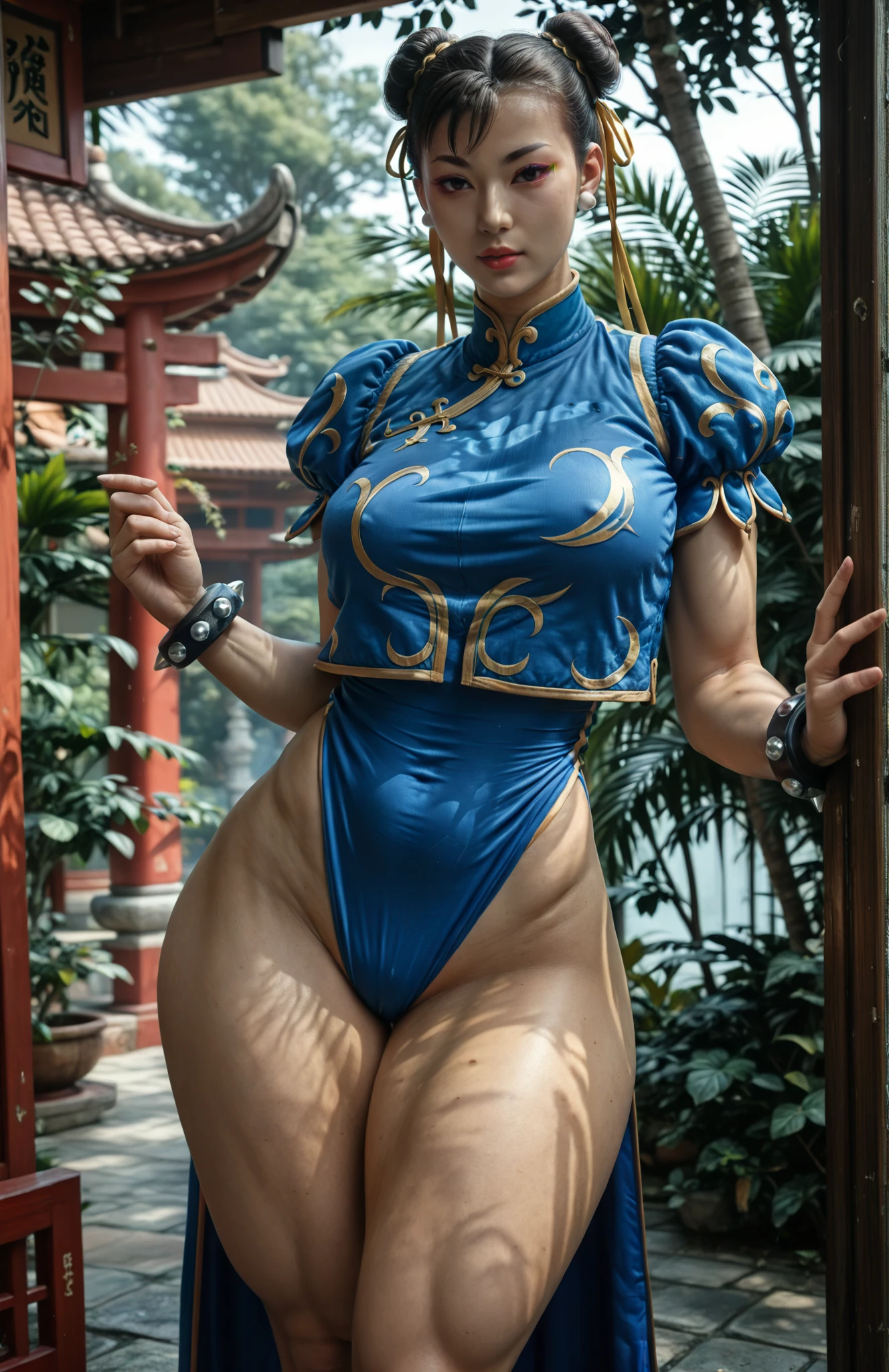 (hi-res photo, busto, 1girl, 28 years old, Mujer, piel negra, Detalles faciales, peinado bollo doble pelirrojo, Baby Fat, Accesorios de cintura, Tomados de la mano, They are smiling, mostrando menos dientes, piel negra, thic legs, mirar todo el cuerpo, Ropa tradicional china azul, Pose del modelo, standing, Studio lighting)