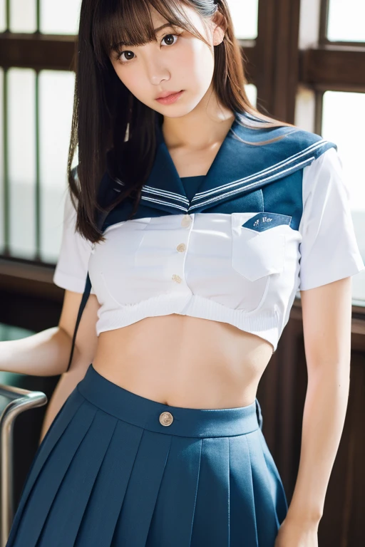 (masterpiece, highest quality:1.2), 8K, 12才のfull nudeの女の子, 85mm,Official AR RAW photo, スーパースリムなスレンダーbeautiful girl, (navy blue short skirt、下Half bodyfull nude、short sleeveの白シャツ、show me your ears、naked girl photo shoot、full nude, cute face, close, Half body, biolace, gardenia, beautiful girl, , thighs, short sleeve, station platform、 looking at the viewer, no makeup, (big smile), film grain, chromatic aberration, sharp focus, face light, clear lighting, Ten generations, detailed face, background bokeh, (dark red tie:1.1)、((((((12 year old girl))))))、((((((12才のfull nude女子高生)))))、thin waist、shy pose、shy and nervous girl、show right breast、