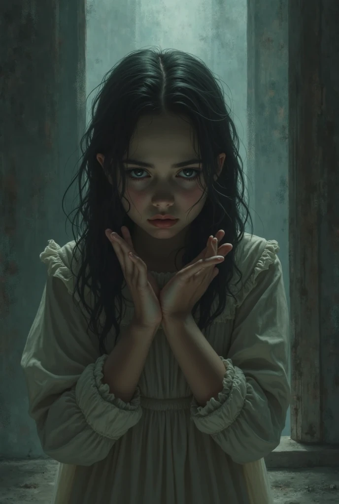 A beautiful young girl, restrained in bed with handcuffs and chains, intense expression, detailed facial features, porcelain skin, golden hair, dramatic lighting, dark moody atmosphere, cinematic composition, photorealistic, 8k, masterpiece, chiaroscuro lighting