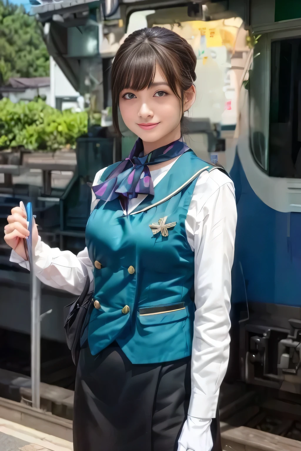 (masterpiece:1.2, Highest Quality :1.2), 32kHDR, Kampala, (alone、 1 girl on break day)、((10A woman in her late generation ))(what 、 professional light )、In-flight background、( realistic style wearing a Nankai Electric Railway crew uniform )、(( Nankai train crew uniform green vest ))、(( Nankai train crew uniform white long sleeve blouse without stand collar )) 、(( Nankai Electric Railway crew uniform knee-length black wrapped culotte skirt 、 I have a scarf wrapped around her neck ))、 Dark Brown Hair 、(( long hair、gathered hair、chignon ))、 Dark Brown Hair 、 long hit 、Big Breasts 、thin legs、(( amazing hand :2.0)),(( A harmonious body shape :1.5)),((Normal肢体:2.0)),((Normal :2.0)),(( watch :2.0)),((Normal目:2.0)))、smile、( Nankai train crew uniformを着た美しい女性 )、 Hands crossed