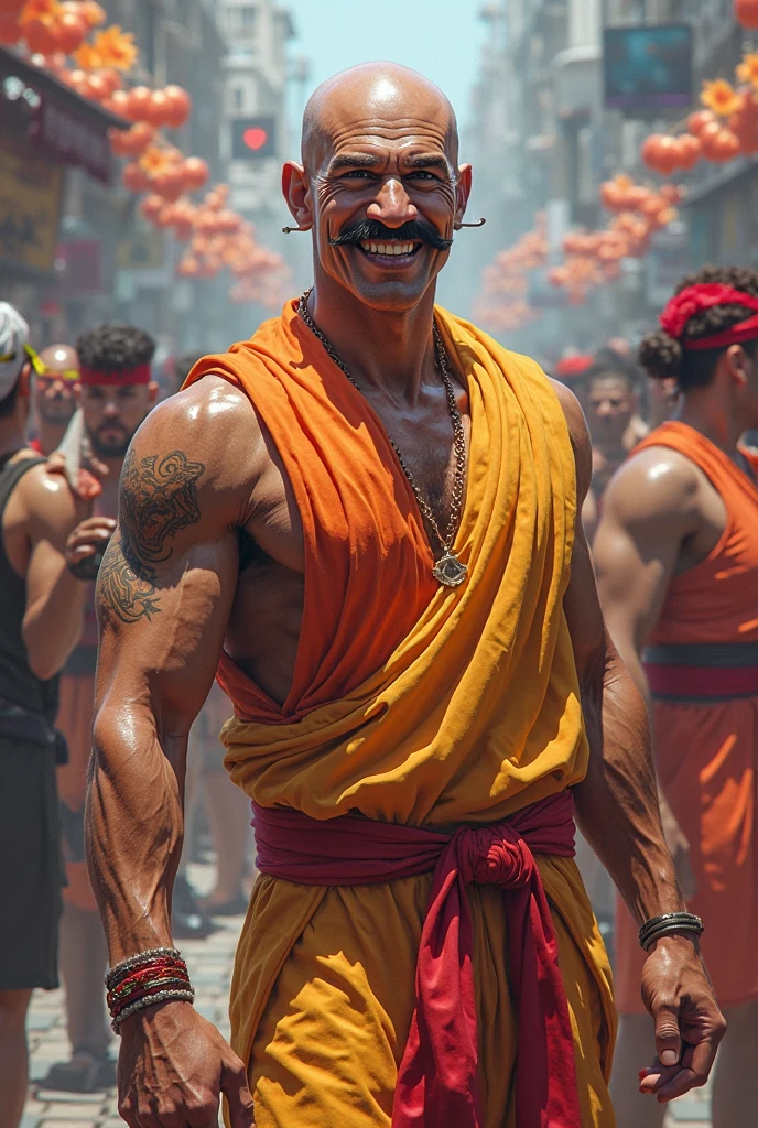 1man, shirtless, martial arts, yellow vigilante mask, white eye patterns with black outline, beard shades , muscular, green costume, yellow belt and boots, burning fists, black dragon tatto shapes into a circle, mystical city background