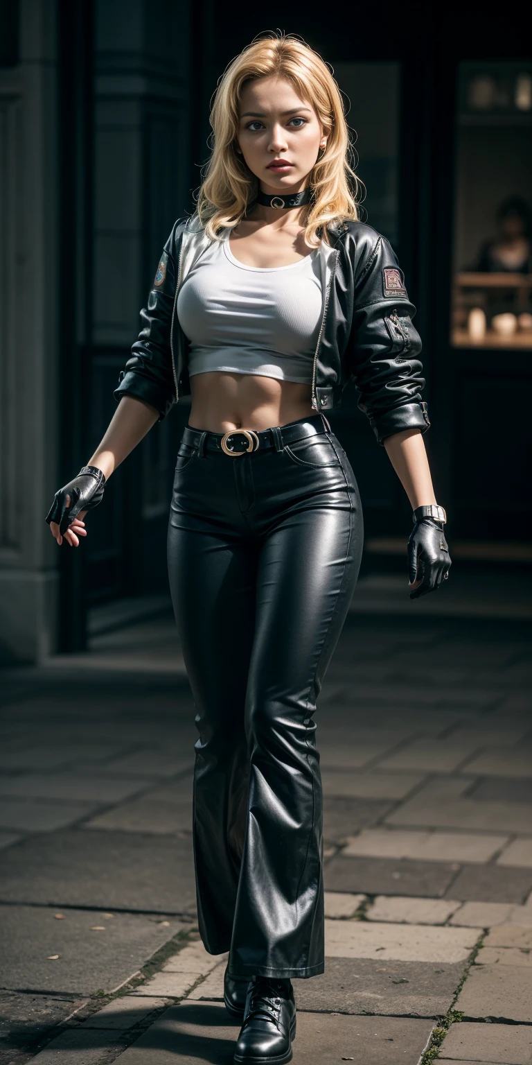 (Mature woman:1.5), Solitary, (Huge fake breasts:1.5), (Muscular thick body:1.6), (Muscle Abs:1.2), (expression:1.5), (Glasses:1.5), looking at the audience, (Wet and sweaty body:1.5), (Perfect gloves:1.5), (Wet Fit Cropped Tank Top:1.5), (Tight yoga pants:1.1), (beautiful makeup:1.5), (Standing:1.75), (boots:1.5), Best quality, (Street City:1.5), Diffuse lighting, Depth of Field, Background Bokeh, Reality, UHD, (Anatomically correct:1.5), High Detail, high quality, best quality, High resolution, 16K, HD.