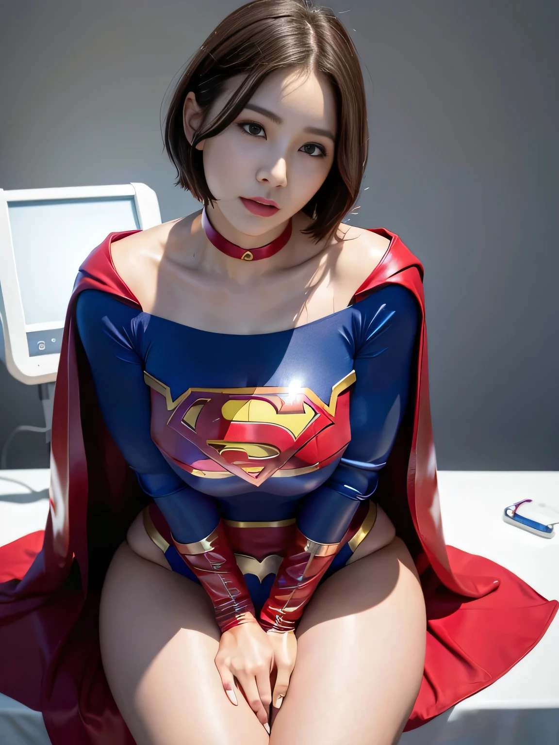masterpiece、supergirl costume、short hair、barefoot、big and full breasts、Experimental Facilities、operating table、straddle、damaged、shiny、look at the camera、Seduce、choker、red mini skirt、long sleeve