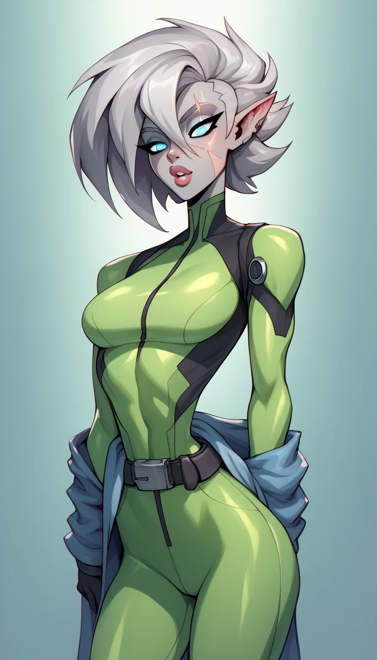 (((Anby Demara))), (((green SUIT))), ((Zenless Zone Zero)), ((( soldier suit ))), (((white short haircut))), (((Russian girl))), ((high collar)), (((green suit))), (((best qualityer: 1.4))), (Unbeatable masterpiece), (hiper HD),(CG 8k hyper-realistic), (((brave face))), (((breasts big))), (((hyper feminine))), sexly girl, ((( sculptural body ))), (((1 Kizi))), Kizi cibernética de 25 anos com perfectbody,,Beautiful and well-groomed face,muscular body:1.2,solid color detailed jacket, (Head to thigh photos), Complex equipment, green dark,Long pants,Tight clothes are dark,With white stars and off-white stripes,,,,,Armor Metal Electronic Parts, Poison tattoos ) INFO, Kizi, (((standing alone))), pirralha violent, ((())), sexly, pose de atitude, work of art, post-apocalypse, (((manga style))), bounty hunter, violent, Manic, the way you want, slenderbody, thin but strong, perfectbody, roupa moderna, advanced technology, neon, sleeves with vertical striped pattern, neutral background, (( cowboy shot )). intricate visual