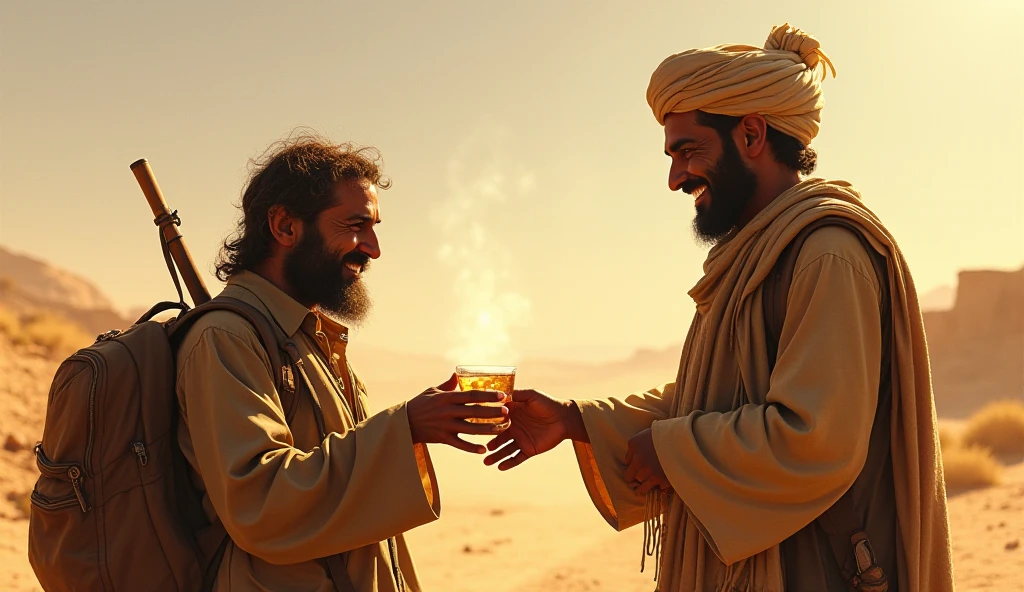 A cover photo for Instagram where on one side there is a Tajik man who is drinking hot tea in the heat and on the other side there is a European who is hot and who is drinking mojito