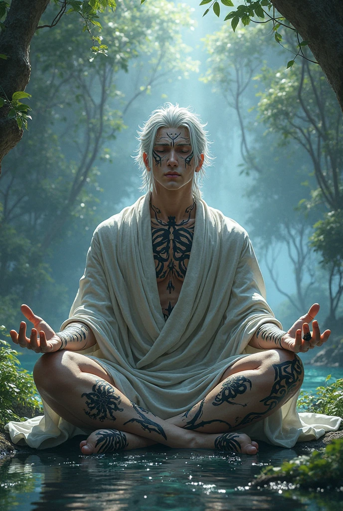 1boy, male_focus, jewelry, sitting, indian_style, long_hair, necklace, outdoors, photo_background, solo, tree, statue, bracelet, barefoot, lion, nipples, white_hair, earrings, closed_eyes, blood