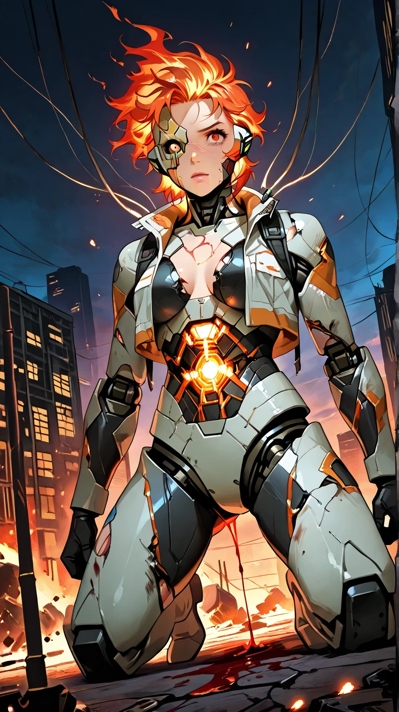 ((Best quality)), ((masterpiece)), (detailed: 1.4), (Absurd), Caucasian woman fighter pilot ready for war, perfect body, Lara Croft, defined muscles, bare half-thick thighs, closed mouth, only in panties, muscular body covered by technological clothing, Neon Genesis Evangelion style, cyberpunk, generous neckline, ((perfect large breasts)), (green eyes), (((yellow, dark blue, red and white clothing)), (((short black straight hair))),  (thin stripes covering breasts), (Yakuza tattoo on arms), short underwear, garter belt, by mucha, niji --V5, close to real, psychopathic, crazy face, sexy pose, background with a giant Gundam style robot head, 2 piece clothing, pointed shoulder pads, pastel, centered, scale to fit dimensions, HDR (High Dynamic Range),Ray Tracing,NVIDIA RTX, Super-Resolution,Unreal 5,Subsurface Dispersion, PBR Texture, Post-processing, Anisotropic Filtering, Depth of Field, Maximum Clarity and Sharpness, Multilayer Textures, Albedo and Specular Maps, Surface Shading, Accurate Simulation of Light-Material Interaction, Perfect Proportions, Octane Render, Two-Tone Lighting, Wide Aperture, Low ISO, White Balance, Rule of Thirds, 8K RAW