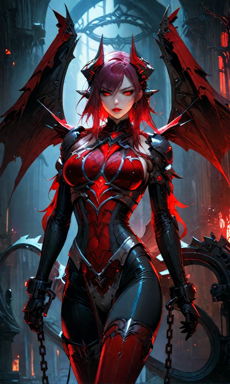 (Demon Angel in Heavy Cyber Armor with Bright Red Lights, Horns on the head and large wings in high detail)8K 3D