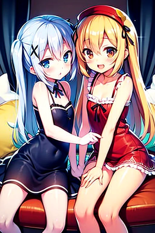 HDR, 1 girl, 15-years-old girl, anime girl laying on a bed with a purse and a handbag, anime babie in white stockings, Twintail White_Gloves, pink twin-tale hair, gradation in hair (Light effect), change, top rated on pixiv, white cheeks, lecherous pose, Juicy peaches like humans, in dress, must, ink, beautiful details, beautiful collarbone, beautiful body, beautiful breasts, beautiful thighs, beautiful fingers, View viewers, 1 girl, Japanese, middle school girl, perfect face, (complete anatomy, anatomically correct), cute and symmetrical face, baby face, glowing skin, A slim figure suitable for a 13 year old, , Tsurupeta, masterpiece