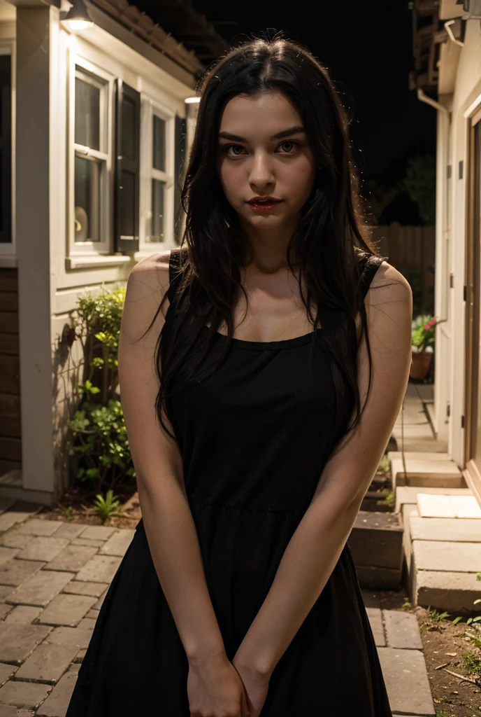 a girl sitting on a garden chair, with a night atmosphere, long black hair, full body, very beautiful, high quality picture, masterpiece, Ultra HD, perfect body