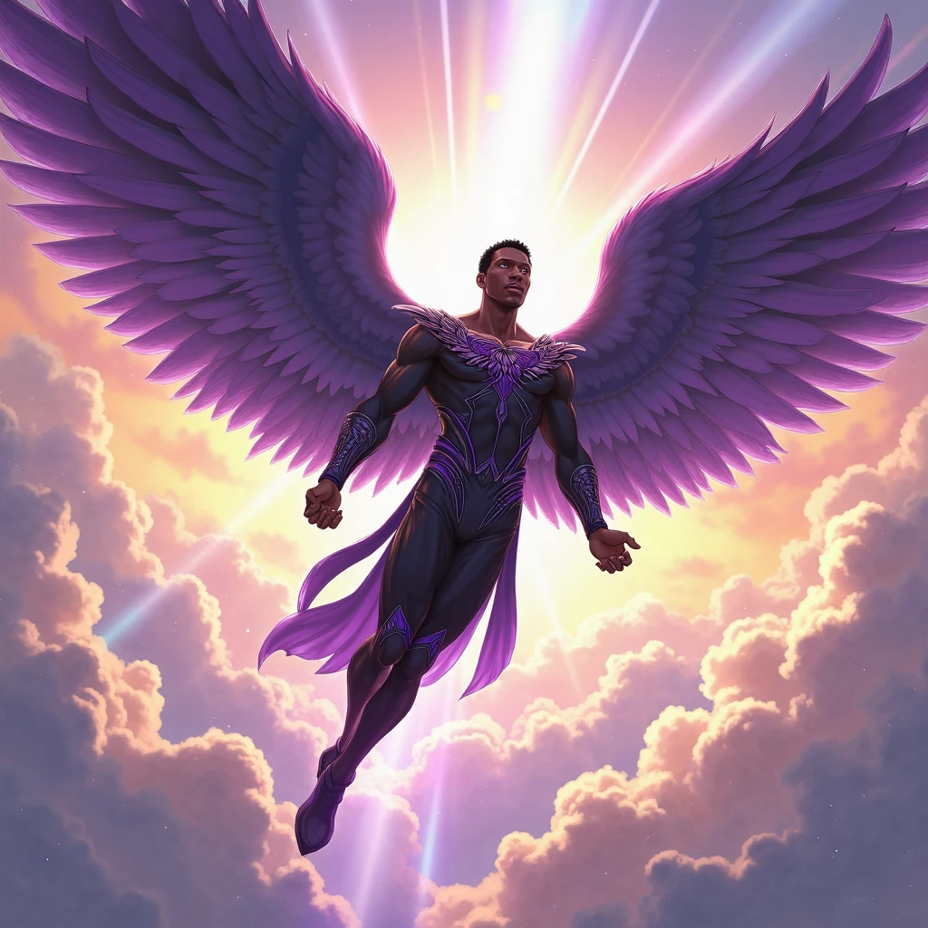 Fairy male black man with gold and purple details, large wings, flying in the air, vegetation blurred background, soft colors, soft light, sunset light, smooth light, symmetrical, full body, reflections, HDR lighting, 8k resolution, cinematic film, smooth, strobe light beams, masterpiece, full body