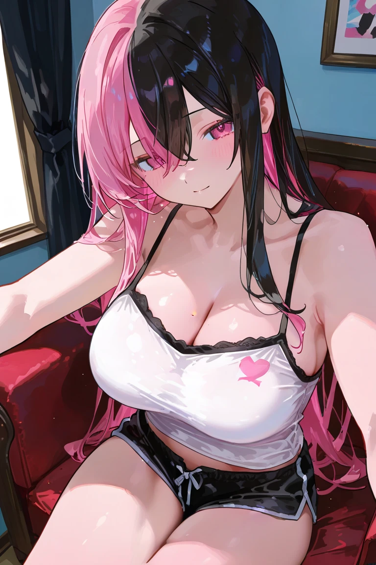 (((huge breasts))), pov,looking at viewer,solo, arched back,arms behind head,((black micro bikini,frill bikini)),((nose blush)),(slut:1.3),(sweat:1.4),((bedroom)),((white bed)),TachibanaHinano, long hair,  (split-color hair, black hair, pink hair:1.3), blue eyes,