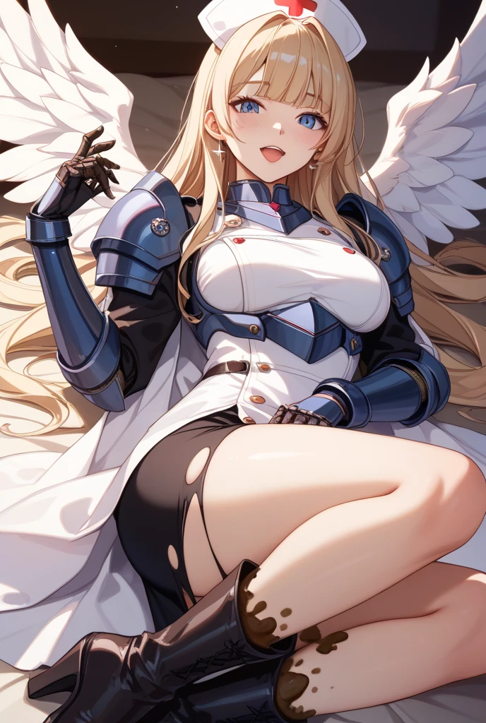 (((masterpiece))), crotch hair, armored nurse uniform, shoulder armor, belt, angel girl, wing, prepare a sword, striped panty, spread legs, smile, sideboob, fantasy