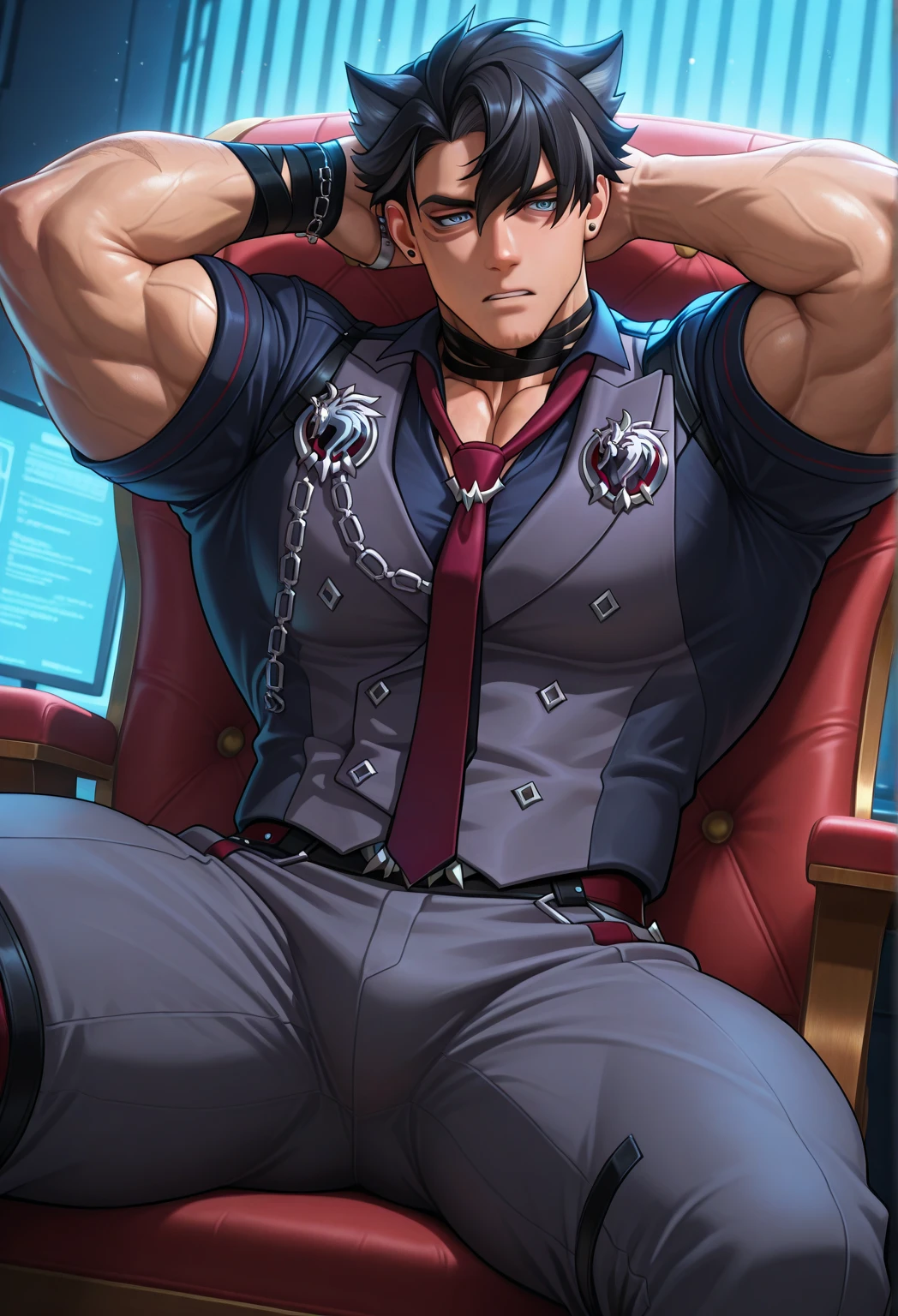 Anime characters sitting on chairs,A chain hangs around his neck, Muscular! Cyberpunk, Handsome anime pose, 《king of fighter》role, handsome guy in demon killer art, king of fighters style, muscular male hero, Badass anime 8 K, male anime character, an oppai cyberpunk, SFW version, badass posture, gigachad muscular, Super buff and cool, most strongest pose
