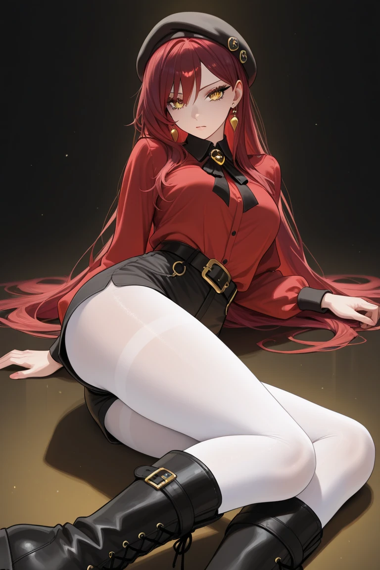 ((masterpiece)), ((best quality)), 1girl, long hair, big bust, very long red hair, yellow eyes, transparent clothes, ((white clothes)) rain, wet, exposed skin, ligerie, ((sexy pose)), white clothes, ((intimidant look)), without pants, fishnet stockings, jewels, ruby earrings, good anatomy, red gloves, boots, heels, evil, emotionless, intimidant, bloody, ((beautiful eyes)), dark background, close up, ((detailed eyes)), beautiful eyes, hair bang, frontal look