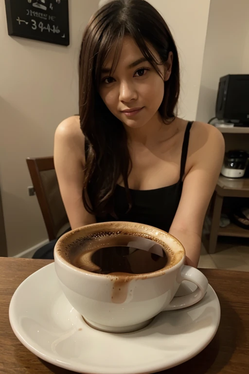 Chica anime morena de cabello negro y ojos cafes con un vestido rojo vino