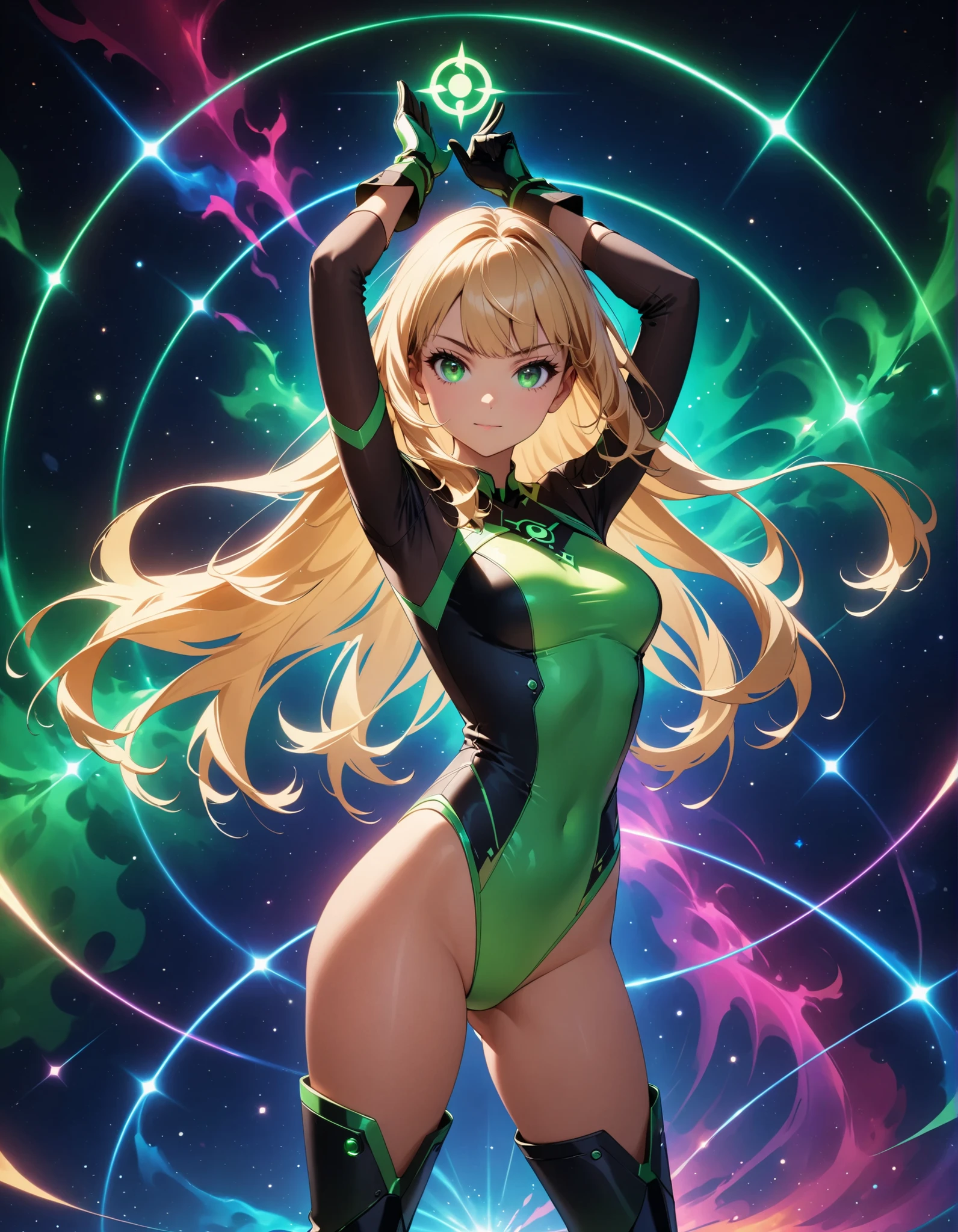 closed eyes, green transparent background, dynamic angle, flying in the center, ((masterpiece, best quality)), kirika akatsuki, aakirika, 1girl, topless, solo, young female, model, blonde hair, long wavy luminous hair, long bangs, huge breasts, g-cup breasts,full breasts, highest details, luminous eyes, x hair ornament, green eyes, ((futuristic magical girl costume)), elbow gloves, skirt, pantyhose,kirika akatsuki, short hair, x hair ornament,