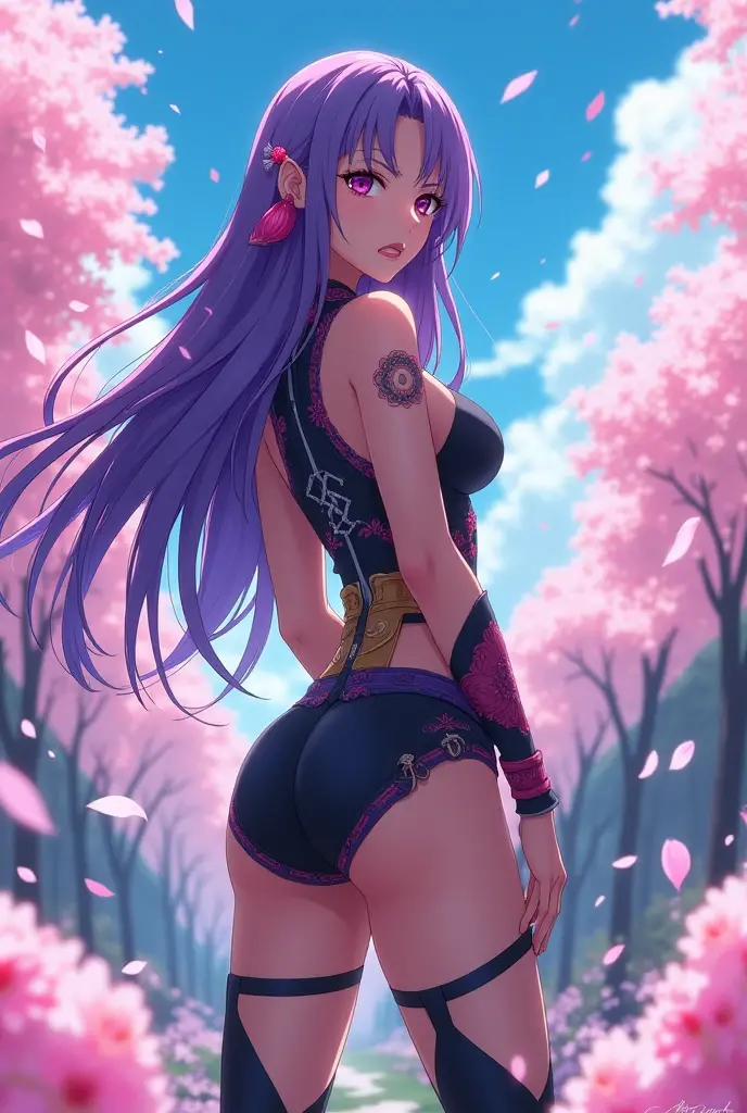 Create Kiriko from Overwatch in a four position with the view towards her rear where we see her pink vagina and anus