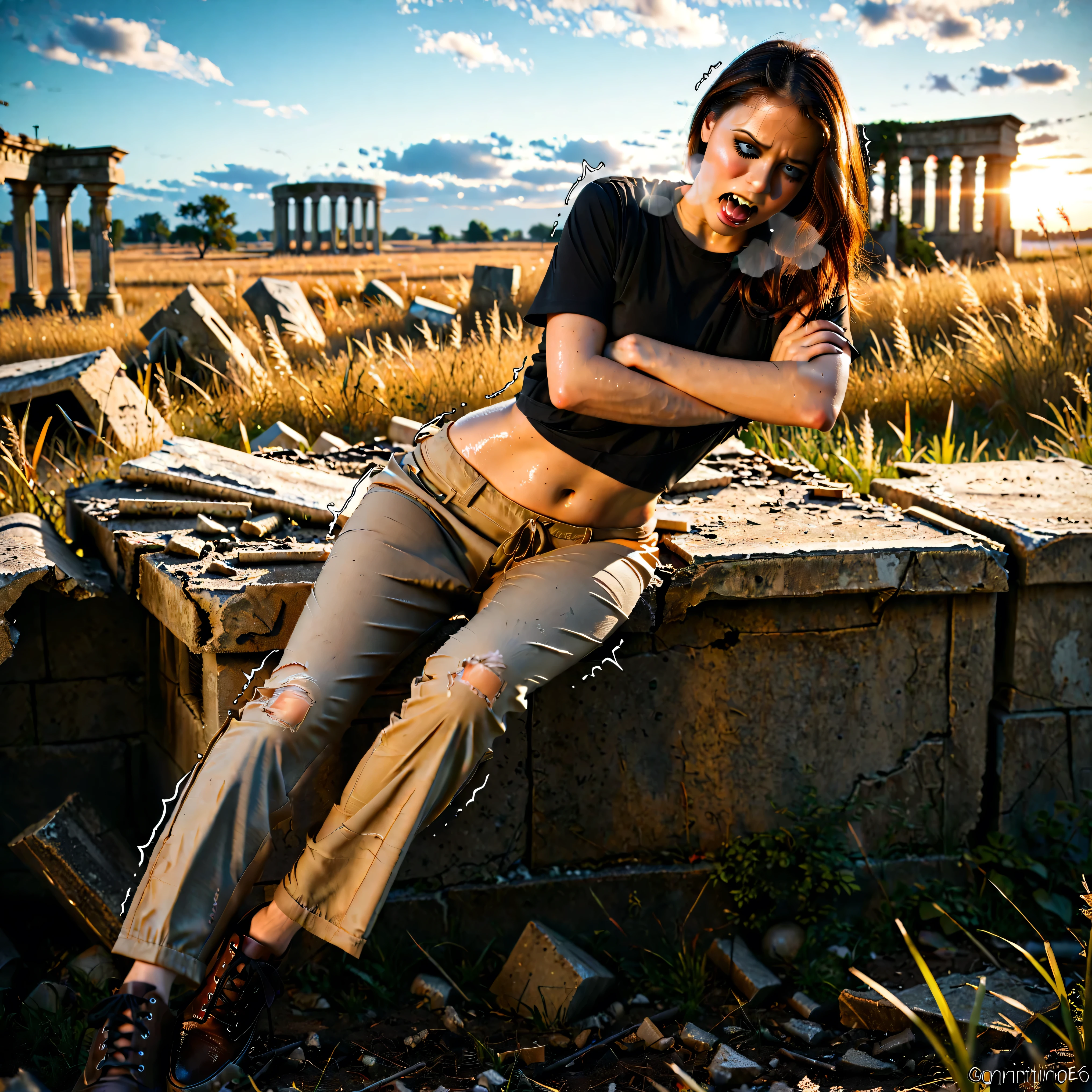 female, people, people body, people skin, hands on your stomach,  lean on , tilt your head,  sits on the ruins , black t-shirt, brown pants, brown boots, pretty face, brown hair, blue eyes, and going into the distance, fangs, it crashes, in pain, language, white scales :0.3, tired,  heavy breathing , field, ancient ruins, twilight, (amazingly beautiful, Highly detailed, good anatomy, sharp focus, masterpiece, best quality, Ultra-detailed, ultra realistic, 8 k, 4k, real e621 , photorealistic, masterpiece