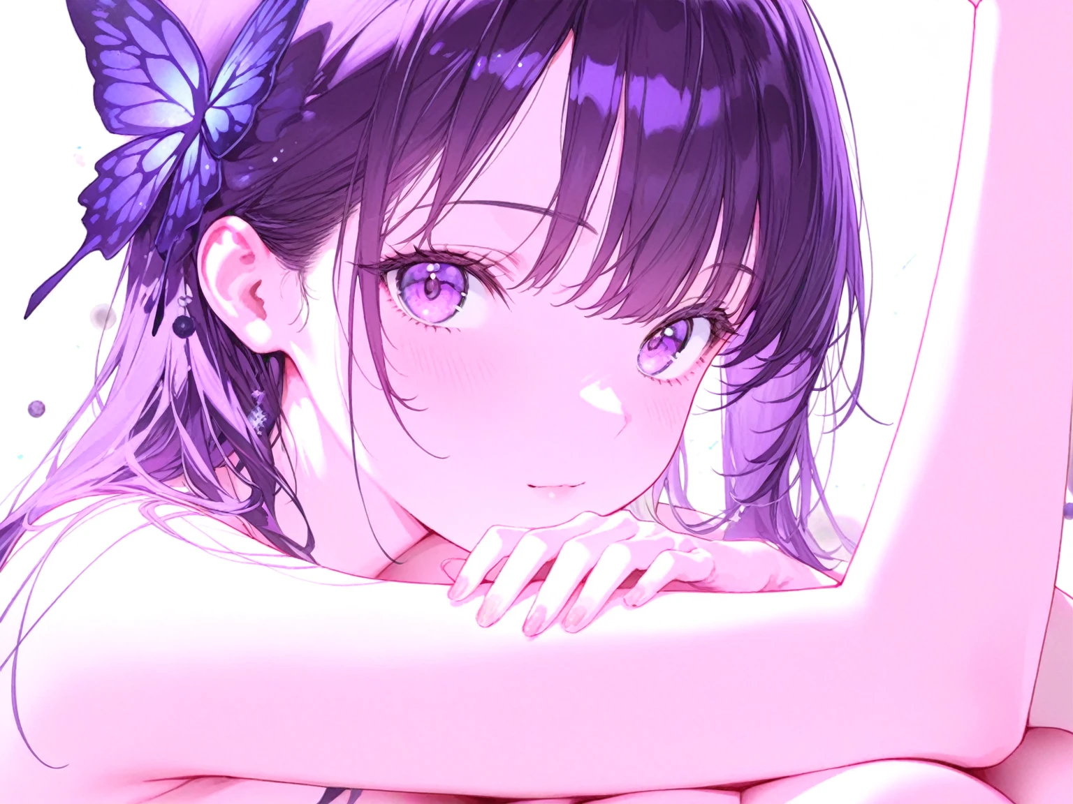 (Best Quality:1.4, masutepiece, 4K, Details), Ai Hoshino, Short hair、（bobhair）, Purple hair, Striped hair, Beautiful detailed eyes, Purple eyes, hair adornments, Smile, Butterfly pose sitting on paws, School uniform, On the sea in the early morning、Sheer swimsuit, paleskin，extreme close - up, Glowing eyes, Glitter Effects,Sweat sweat、Fluffy white swimsuit、White dress、Wet、yogapose、yoga、Iridescent eyes,Wearing a rainbow-colored aura from the whole body、 Shadow lighting,Buttocks、M-shaped legs、yoga pose、perspiring、Love Juice、Juice