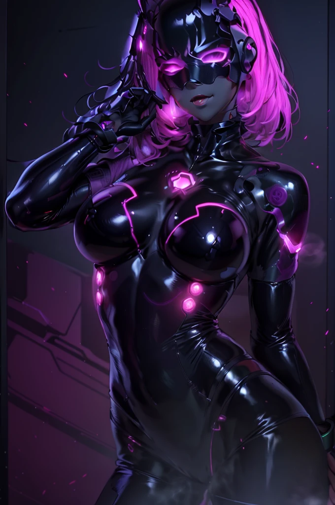 TimBurton Animation A futuristic businesswoman in formal cyber armor who is tough and impenetrable, holding a huge abstract alien gun with some neon lights and a stylish visor that covers her eyes because she is blind, and the display has neon square OLED screens and she has a menacing smile, and some faulty pixels are raining on your suit/armor as she points her gun at the roof of a future city