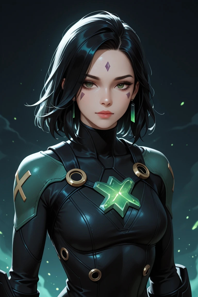 masterpiece, best quality, <lora:ushigozen-nvwls-v1-000010:0.9> ushigozen, black bodysuit, neon trim, glowing, upper body, portrait, close-up, smile, wide-eyed, crazy, fire
