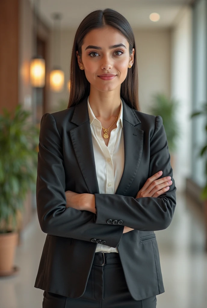 Debbie, brown eyes, hair bun,white small earrings, necklace, bracelet,grey suit jacket, grey pencil skirt, white collared shirt,  looking at viewer, smiling, medium shot,  standing, outside, house, neighborhood, holding a clipboard,  high quality, masterpiece, <lora:Debbie:.7>
